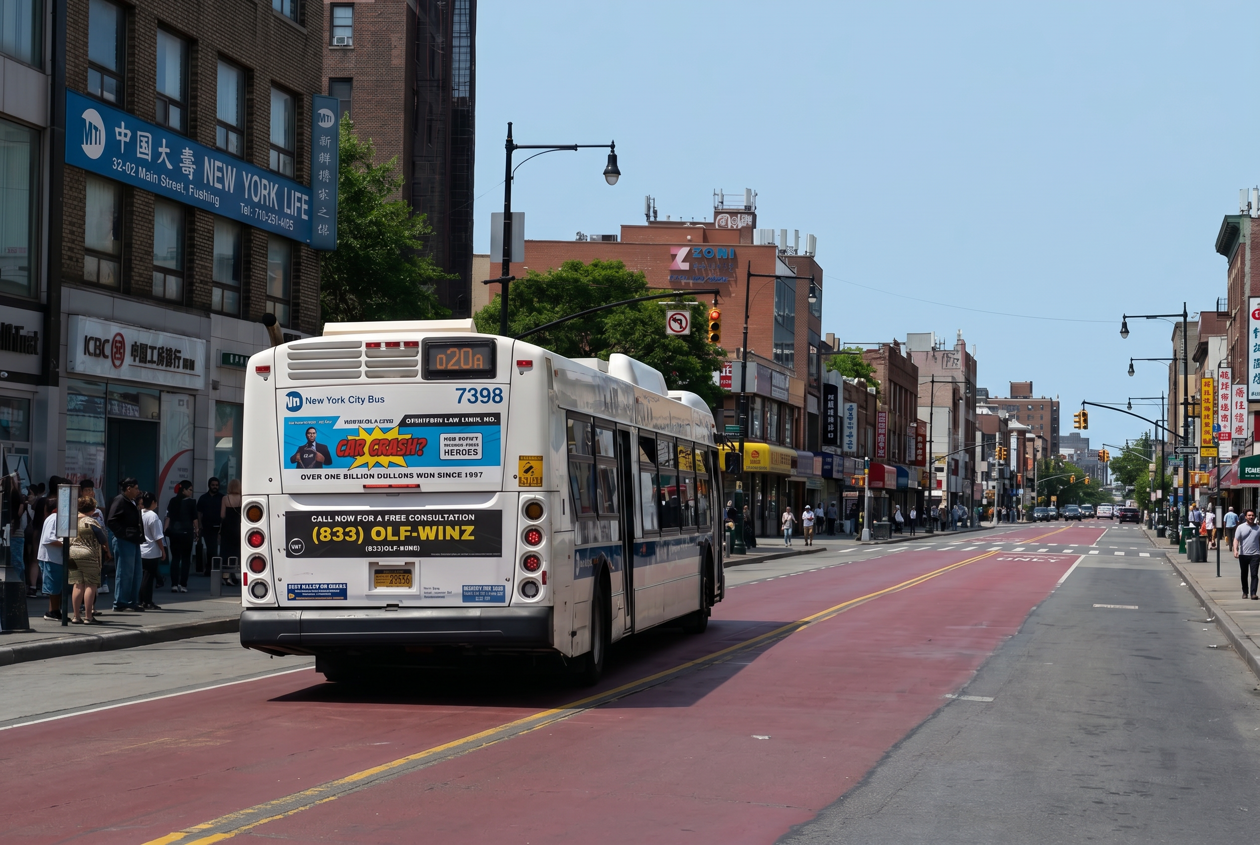 NYC MTA bus with Ofshtein Law Firm advertisement